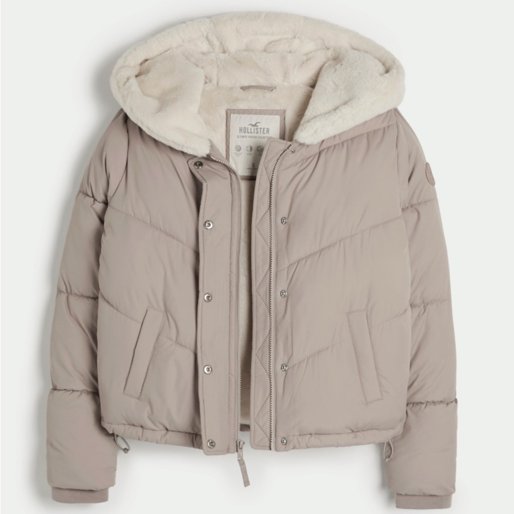 Hollister Ultimate Faux Fur-Lined Hooded Puffer Jacket - Color: Taupe - Large